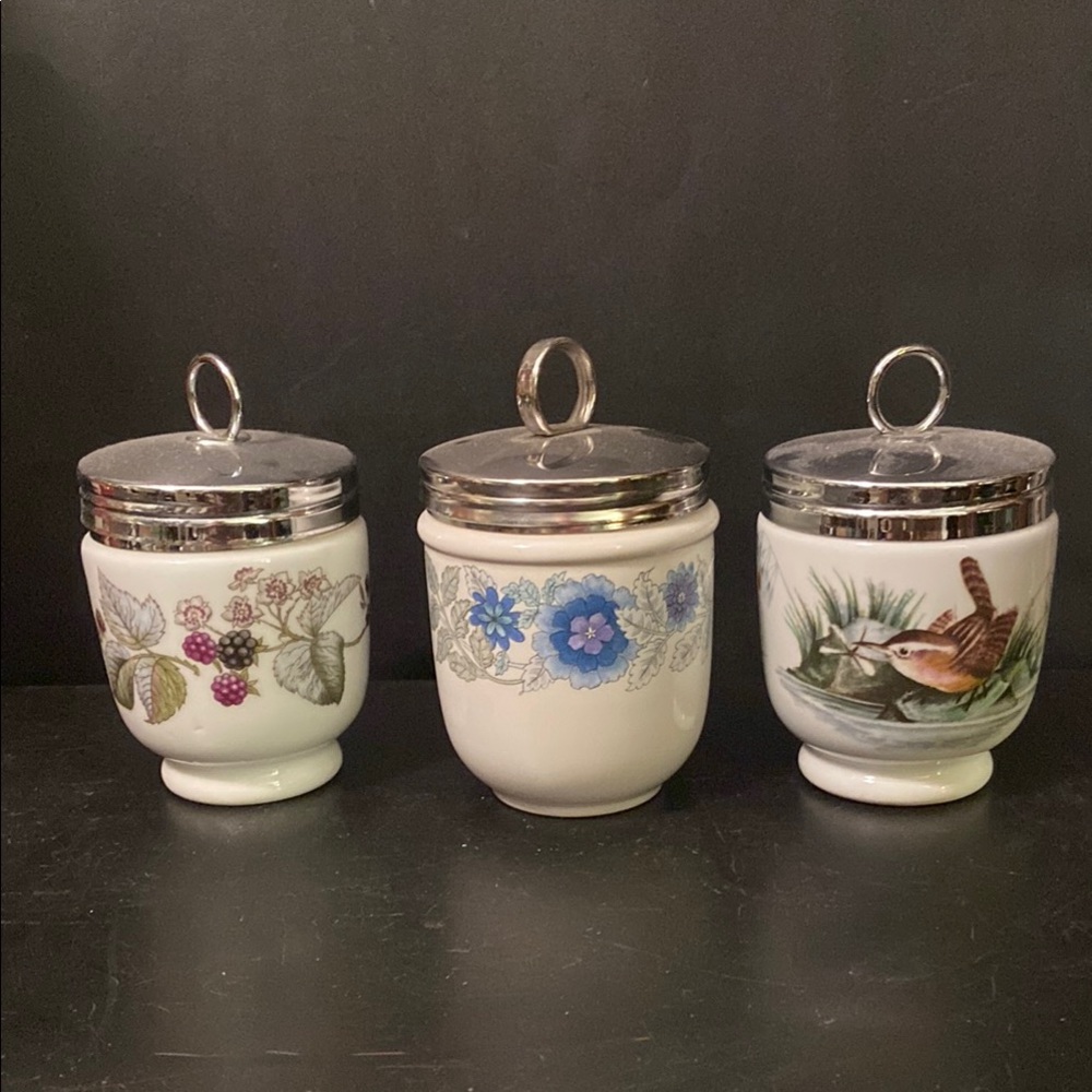 3 VTG ROYAL WORCESTER Egg Coddlers Berries/ Blue Flowers & Wedgwood Clemente